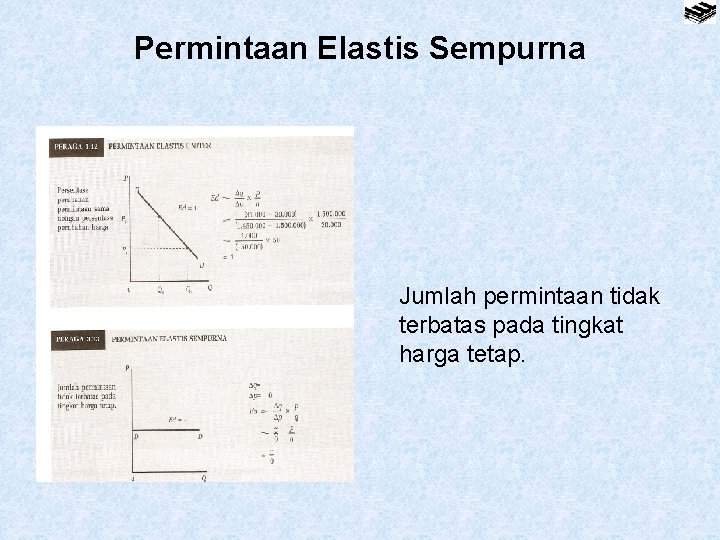 Permintaan Elastis Sempurna Jumlah permintaan tidak terbatas pada tingkat harga tetap. 