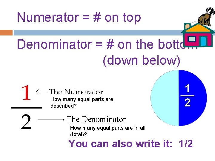 Numerator = # on top Denominator = # on the bottom (down below) How