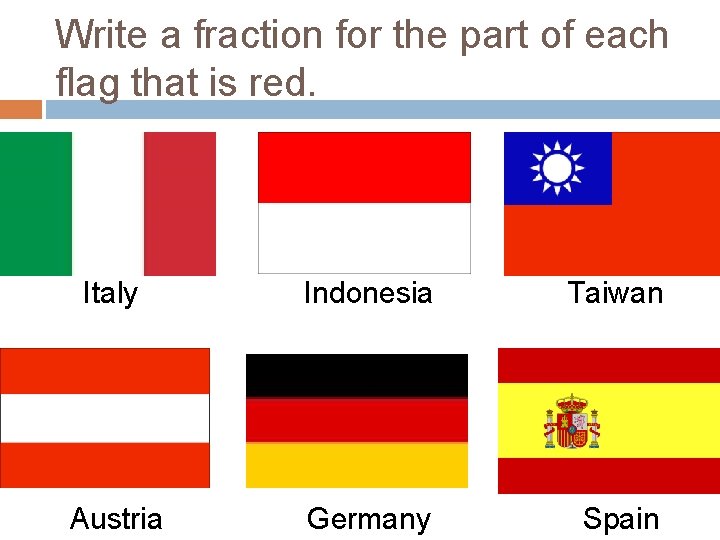 Write a fraction for the part of each flag that is red. Italy Indonesia