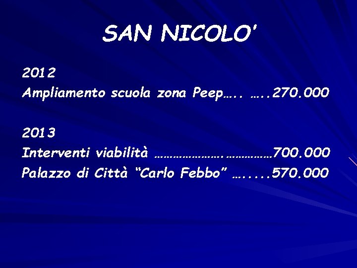 SAN NICOLO’ 2012 Ampliamento scuola zona Peep…. . 270. 000 2013 Interventi viabilità …………………