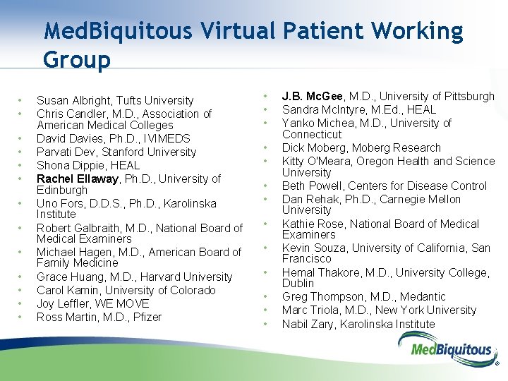 Med. Biquitous Virtual Patient Working Group • • • • Susan Albright, Tufts University