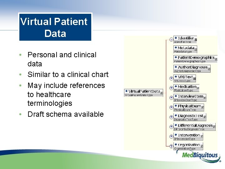 Virtual Patient Data • Personal and clinical data • Similar to a clinical chart