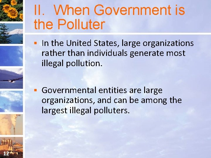 II. When Government is the Polluter 12 § In the United States, large organizations