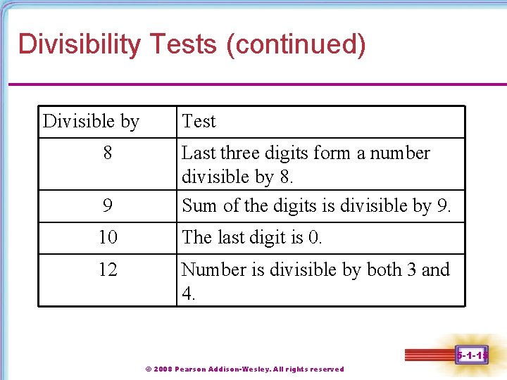 Divisibility Tests (continued) Divisible by 8 Test 9 Last three digits form a number