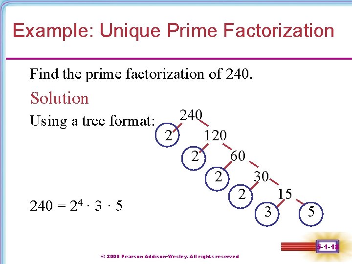 Example: Unique Prime Factorization Find the prime factorization of 240. Solution Using a tree
