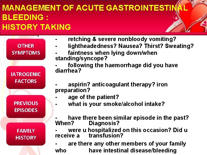 MANAGEMENT OF ACUTE GASTROINTESTINAL BLEEDING : HISTORY TAKING OTHER SYMPTOMS IATROGENIC FACTORS PREVIOUS EPISODES