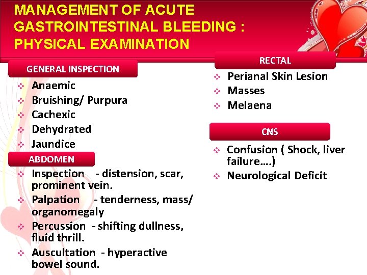 MANAGEMENT OF ACUTE GASTROINTESTINAL BLEEDING : PHYSICAL EXAMINATION GENERAL INSPECTION v v v Anaemic