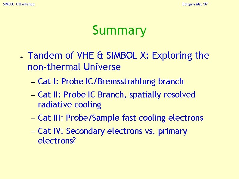 SIMBOL X Workshop Bologna May '07 Summary ● Tandem of VHE & SIMBOL X: