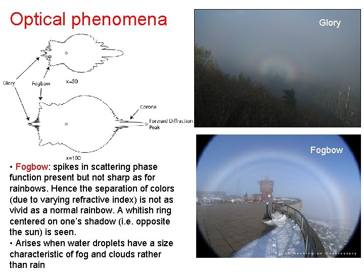 Optical phenomena Glory Fogbow • Fogbow: spikes in scattering phase function present but not