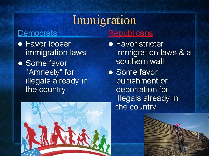 Immigration Democrats l Favor looser immigration laws l Some favor “Amnesty” for illegals already