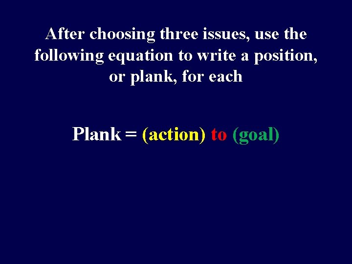 After choosing three issues, use the following equation to write a position, or plank,