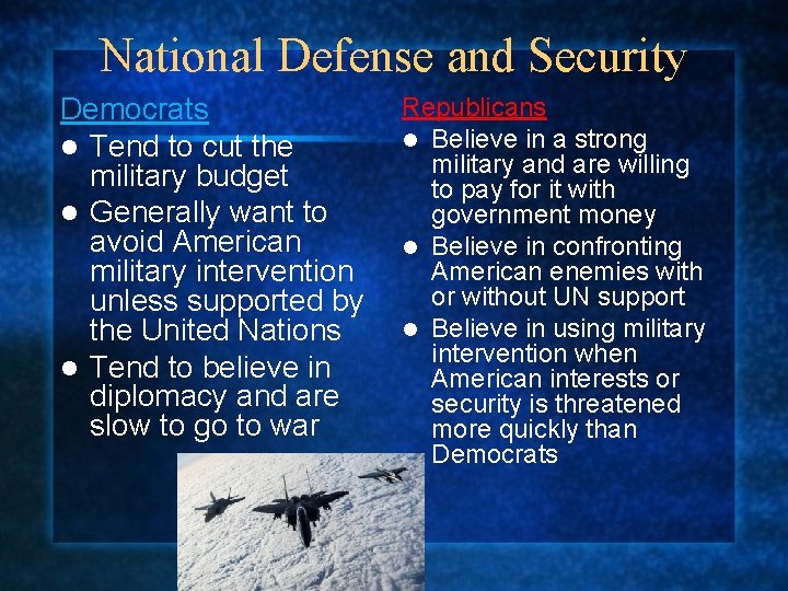 National Defense and Security Democrats l Tend to cut the military budget l Generally