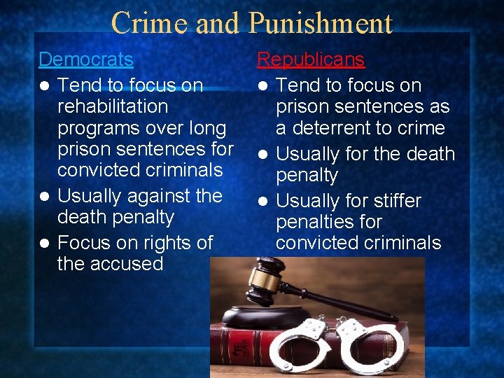 Crime and Punishment Democrats l Tend to focus on rehabilitation programs over long prison