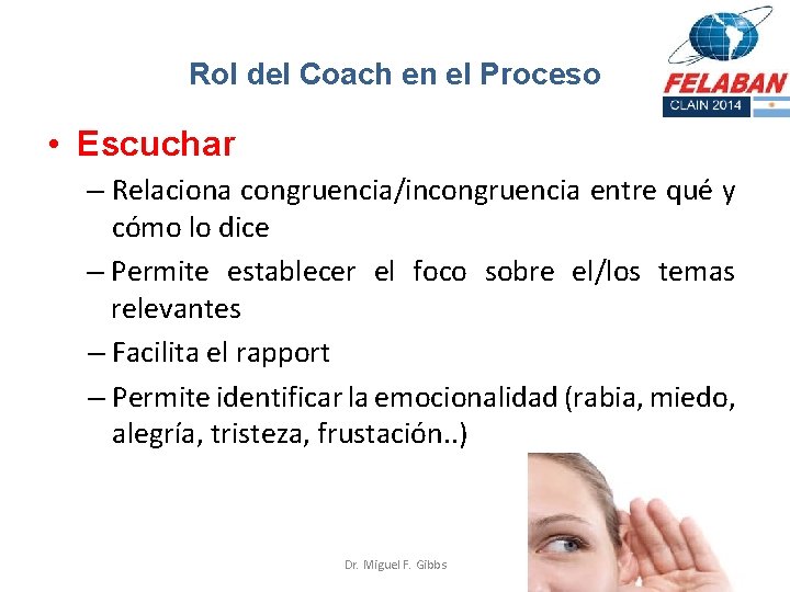 Rol del Coach en el Proceso • Escuchar – Relaciona congruencia/incongruencia entre qué y