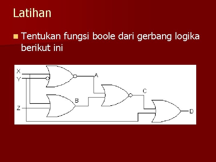 Latihan n Tentukan berikut ini fungsi boole dari gerbang logika 