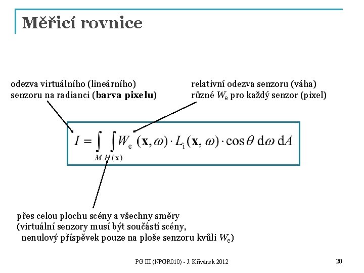 Měřicí rovnice odezva virtuálního (lineárního) senzoru na radianci (barva pixelu) relativní odezva senzoru (váha)