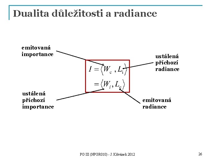 Dualita důležitosti a radiance emitovaná importance ustálená příchozí radiance ustálená příchozí importance emitovaná radiance