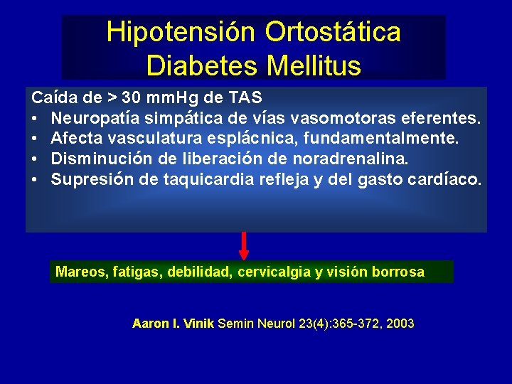 Hipotensión Ortostática Diabetes Mellitus Caída de > 30 mm. Hg de TAS • Neuropatía