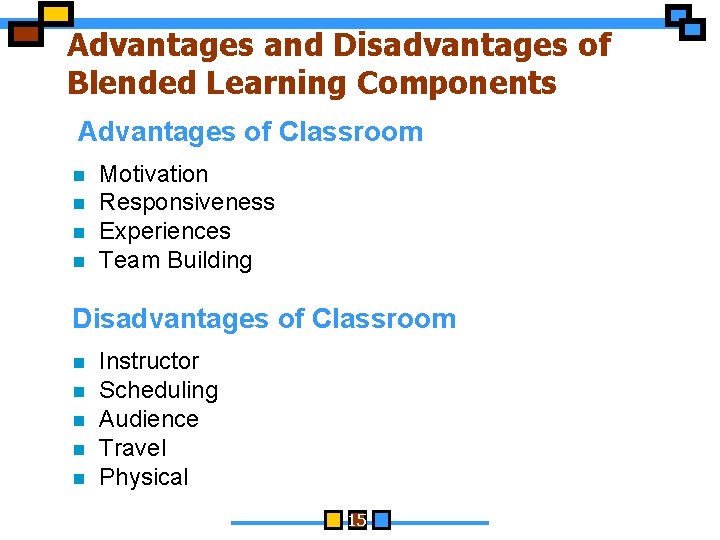 Advantages and Disadvantages of Blended Learning Components Advantages of Classroom n n Motivation Responsiveness
