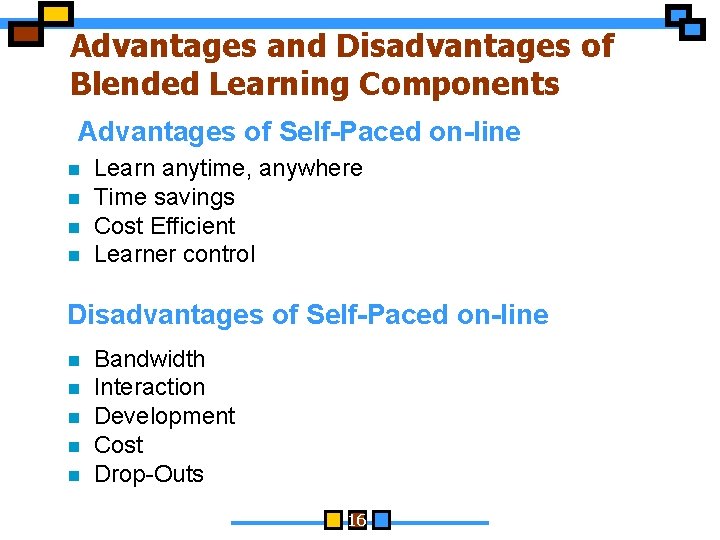 Advantages and Disadvantages of Blended Learning Components Advantages of Self-Paced on-line n n Learn