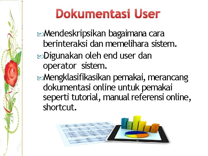 Dokumentasi User Mendeskripsikan bagaimana cara berinteraksi dan memelihara sistem. Digunakan oleh end user dan