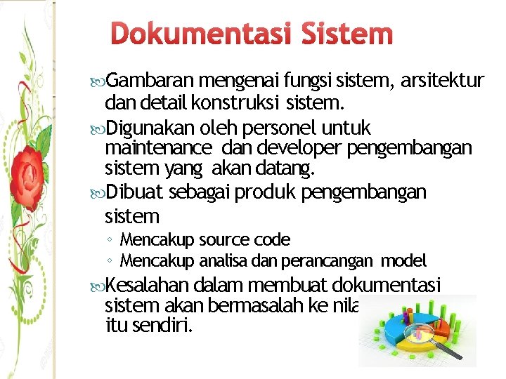 Dokumentasi Sistem Gambaran mengenai fungsi sistem, arsitektur dan detail konstruksi sistem. Digunakan oleh personel