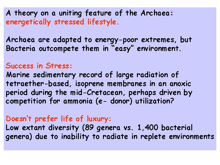 A theory on a uniting feature of the Archaea: energetically stressed lifestyle. Archaea are