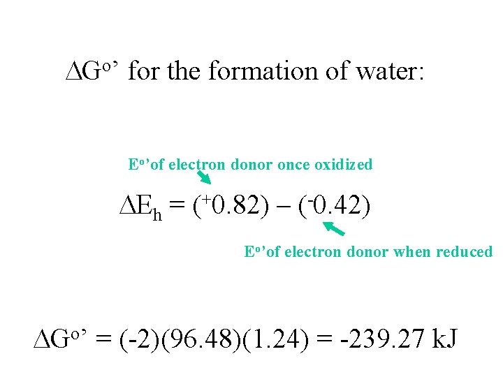 DGo’ for the formation of water: Eo’of electron donor once oxidized DEh = (+0.