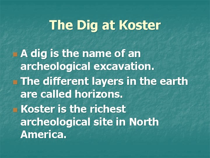 The Dig at Koster A dig is the name of an archeological excavation. n