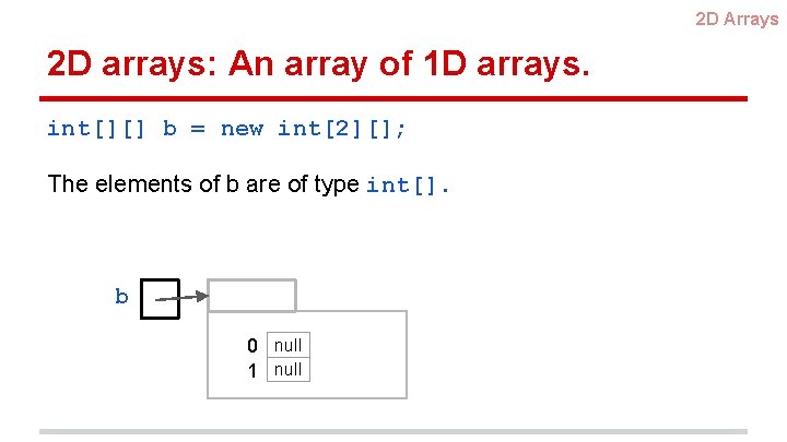 2 D Arrays 2 D arrays: An array of 1 D arrays. int[][] b