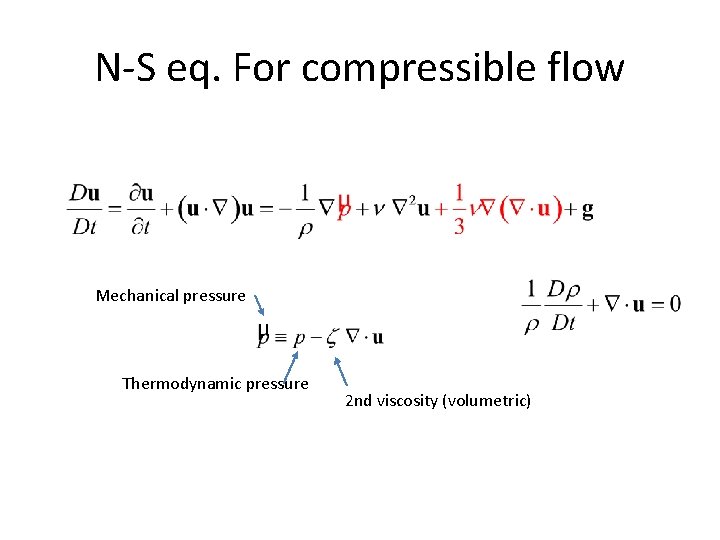 N-S eq. For compressible flow Mechanical pressure Thermodynamic pressure 2 nd viscosity (volumetric) 