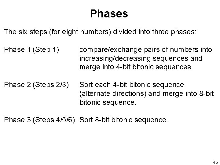 Phases The six steps (for eight numbers) divided into three phases: Phase 1 (Step