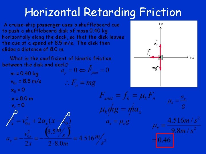 Horizontal Retarding Friction A cruise-ship passenger uses a shuffleboard cue to push a shuffleboard