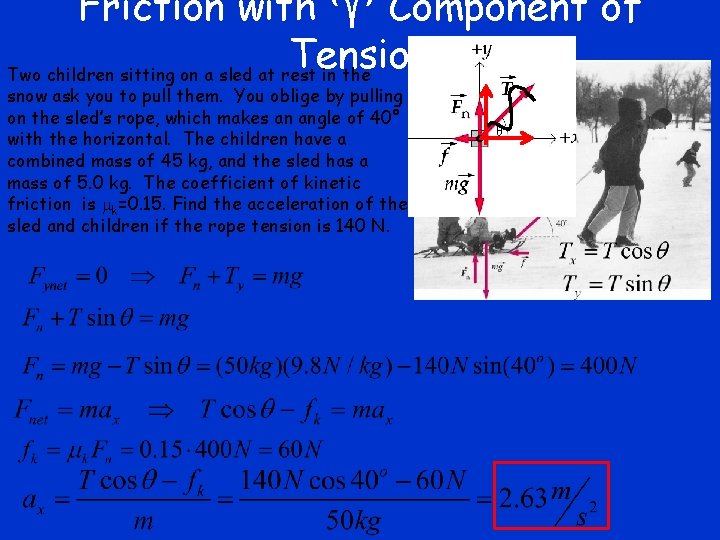Friction with Component of Tension Two children sitting on a sled at rest in
