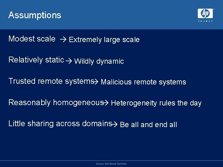 Assumptions Modest scale Extremely large scale Relatively static Wildly dynamic Trusted remote systems Malicious