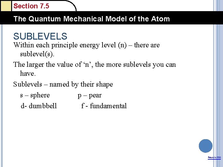Section 7. 5 The Quantum Mechanical Model of the Atom SUBLEVELS Within each principle
