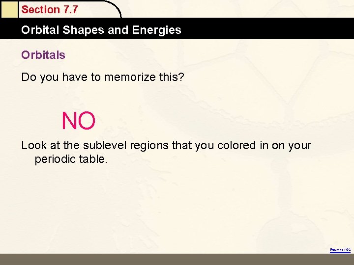 Section 7. 7 Orbital Shapes and Energies Orbitals Do you have to memorize this?