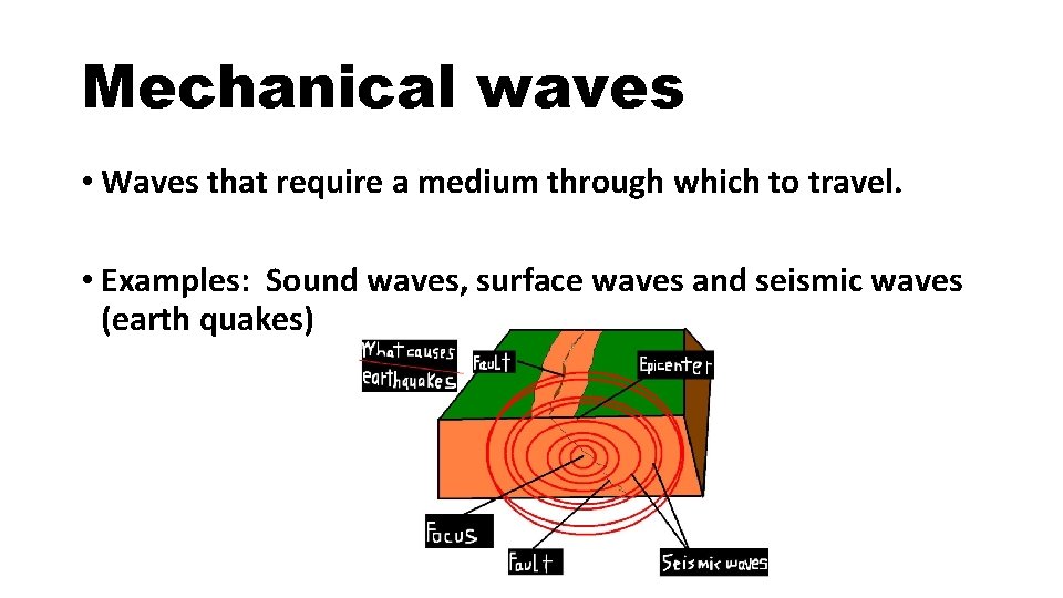 Mechanical waves • Waves that require a medium through which to travel. • Examples: