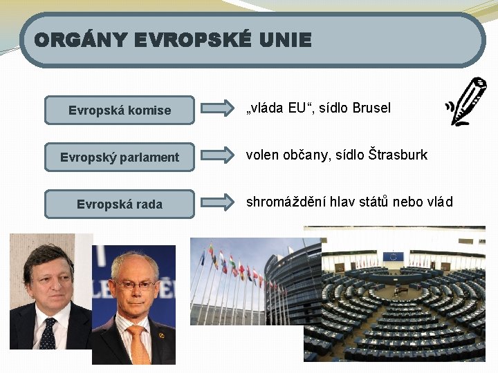 ORGÁNY EVROPSKÉ UNIE Evropská komise Evropský parlament Evropská rada „vláda EU“, sídlo Brusel volen