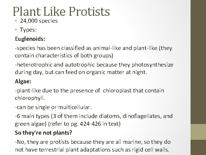 Plant Like Protists • 24, 000 species • Types: Euglenoids: -species has been classified