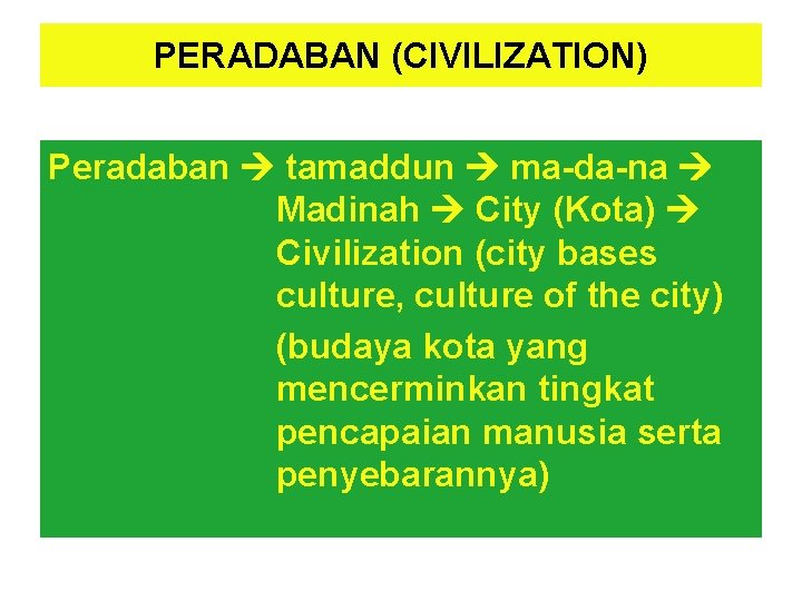 PERADABAN (CIVILIZATION) Peradaban tamaddun ma-da-na Madinah City (Kota) Civilization (city bases culture, culture of