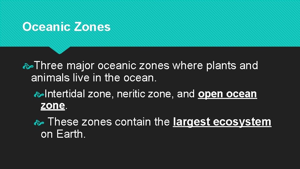 Oceanic Zones Three major oceanic zones where plants and animals live in the ocean.