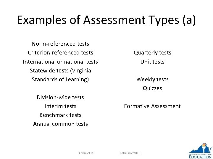 Examples of Assessment Types (a) Norm-referenced tests Criterion-referenced tests International or national tests Statewide
