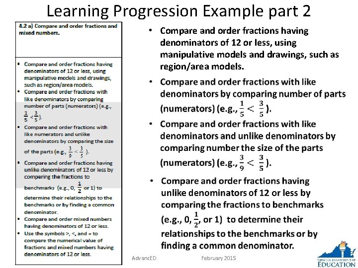Learning Progression Example part 2 • Compare and order fractions having denominators of 12
