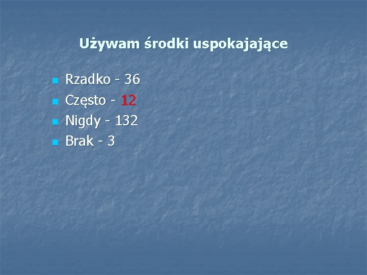 Używam środki uspokajające n n Rzadko - 36 Często - 12 Nigdy - 132