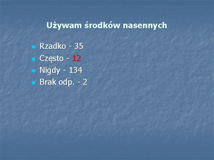 Używam środków nasennych n n Rzadko - 35 Często - 12 Nigdy - 134