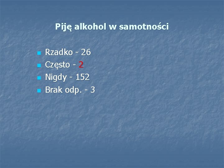 Piję alkohol w samotności n n Rzadko - 26 Często - 2 Nigdy -