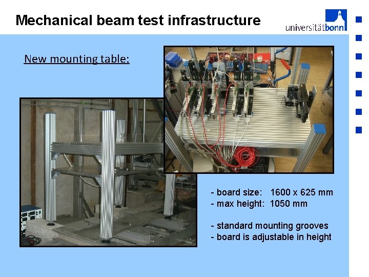 Mechanical beam test infrastructure New mounting table: - board size: 1600 x 625 mm