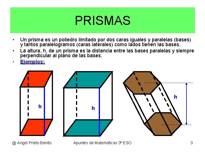 PRISMAS • • • Un prisma es un poliedro limitado por dos caras iguales