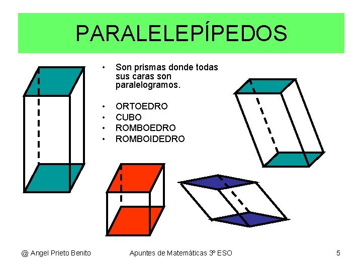 PARALELEPÍPEDOS @ Angel Prieto Benito • Son prismas donde todas sus caras son paralelogramos.